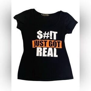 COOGI Women’s Black Tee with Bold White and Orange Print. Size: L. Great Cond.